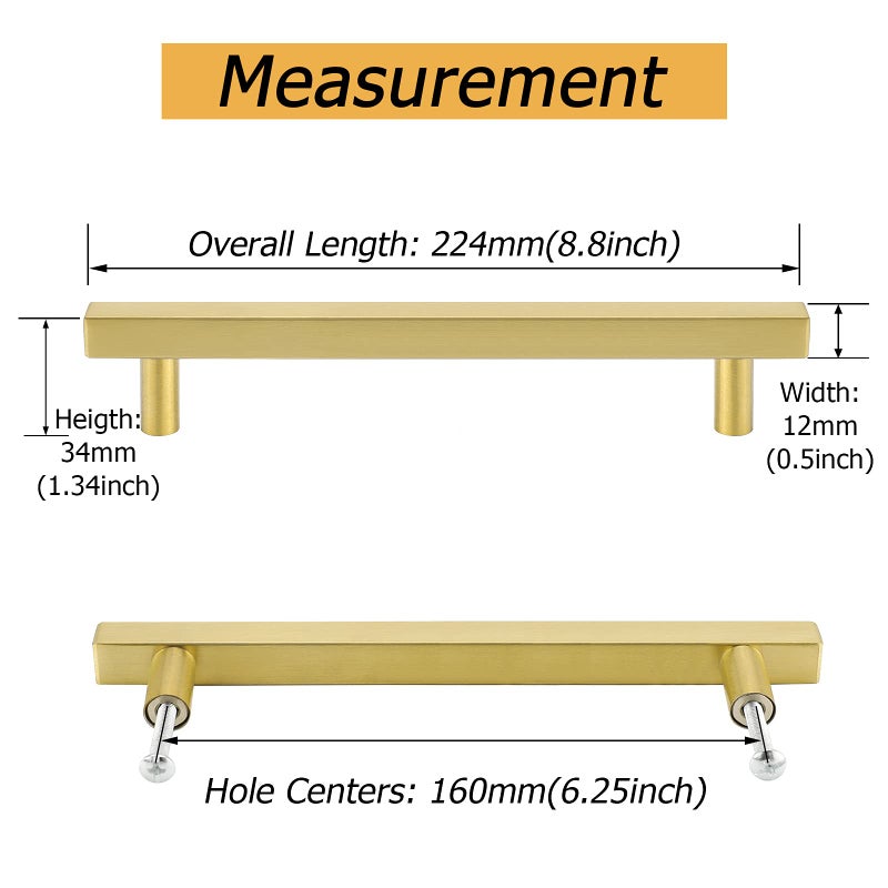goldenwarm Brushed Brass Cabinet Pulls Kitchen Hardware Gold Drawer Pulls 6.25 Inch Hole Centers - LS1212GD160 Square T Bar Gold Knobs Dresser Cupboard Door Handles Stainless Steel 20 Pack - Image 2